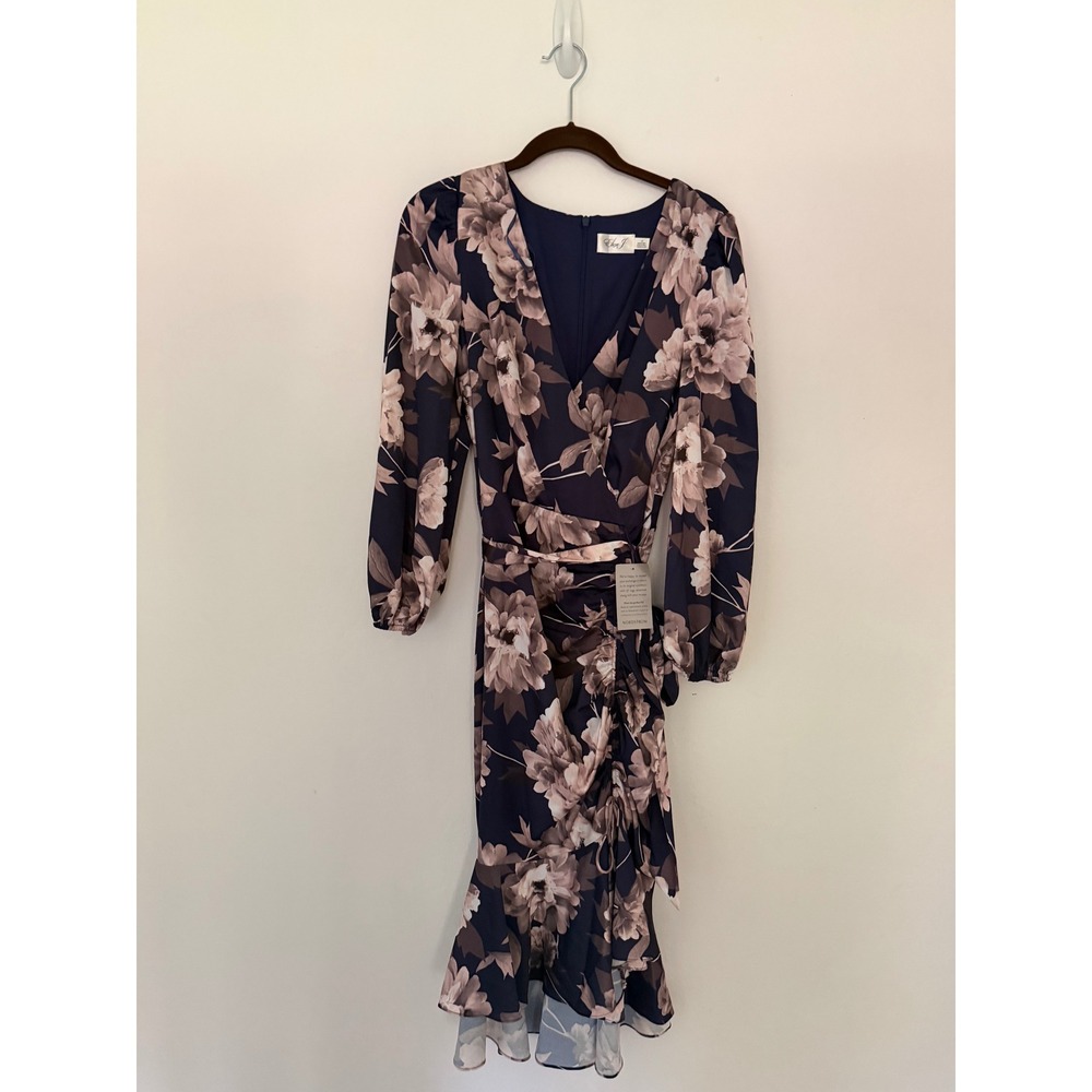 Eliza J Navy Floral Faux Wrap Ruffle Midi Dress Long Sleeve EJ3M2165 Size 12